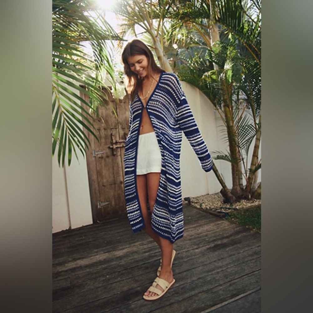 FP Beach Navy Combo Colette Knit Crochet Longline Cardigan